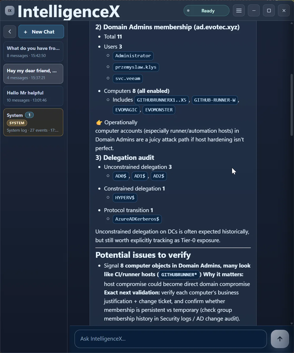Scrolled assistant response listing Domain Admin members, privileged computers, delegation types, and potential issues to verify