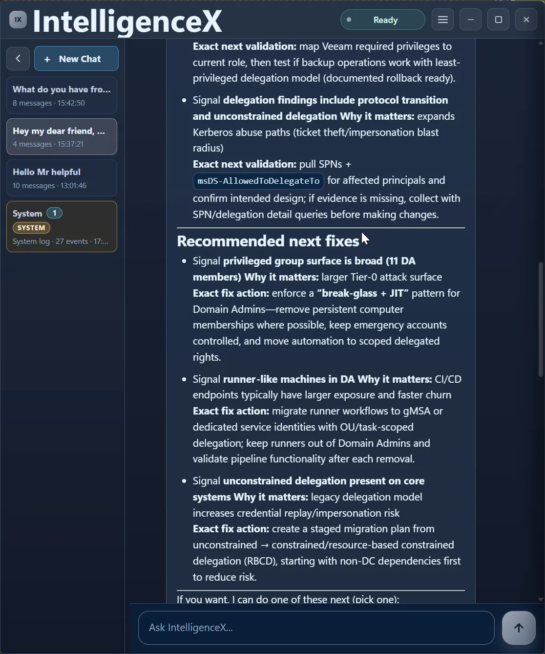 Assistant recommendations section with prioritized AD hardening fixes including JIT access and delegation migration guidance