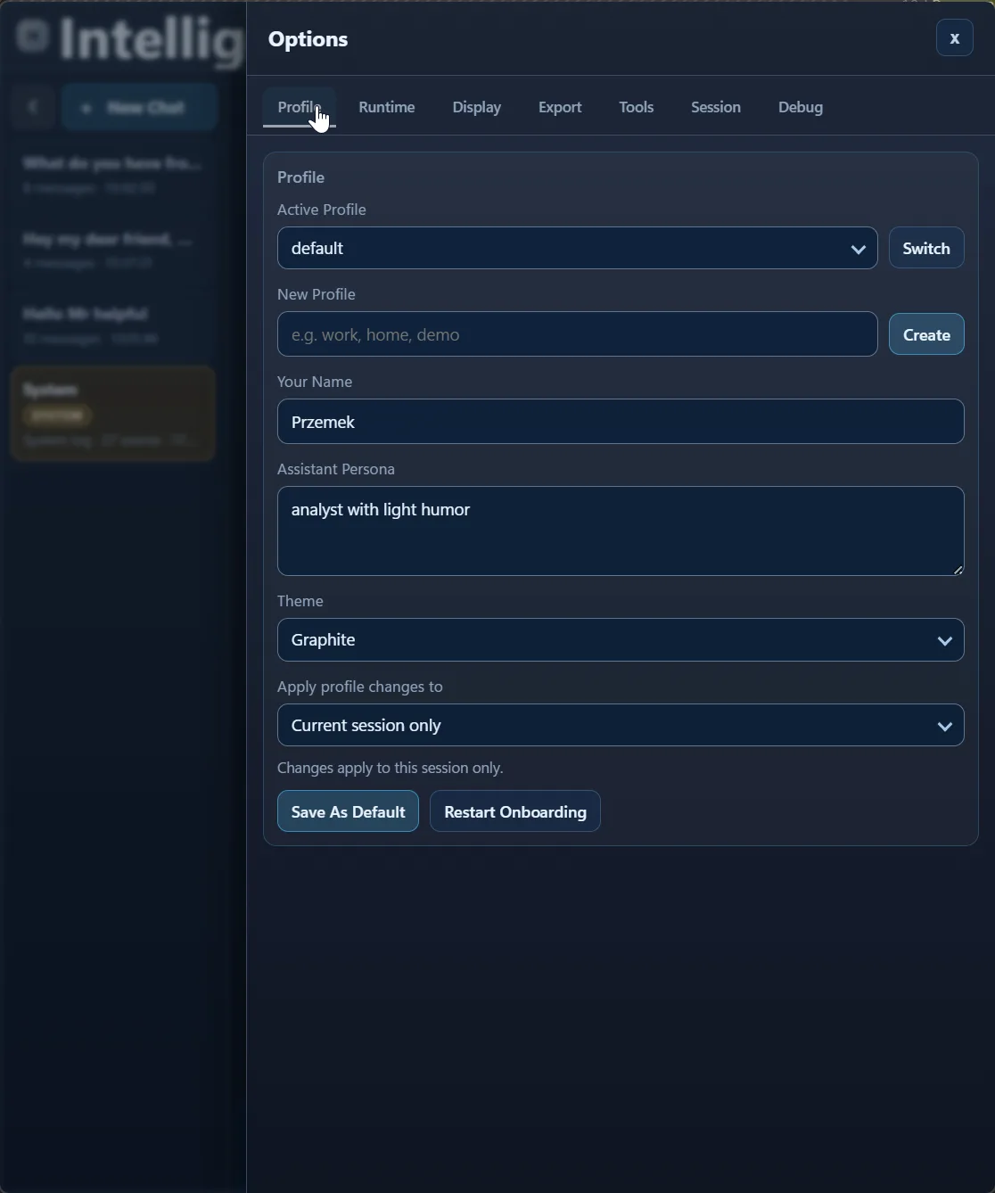 Options modal Profile tab with default profile selected, Graphite theme, persona text, and session apply scope