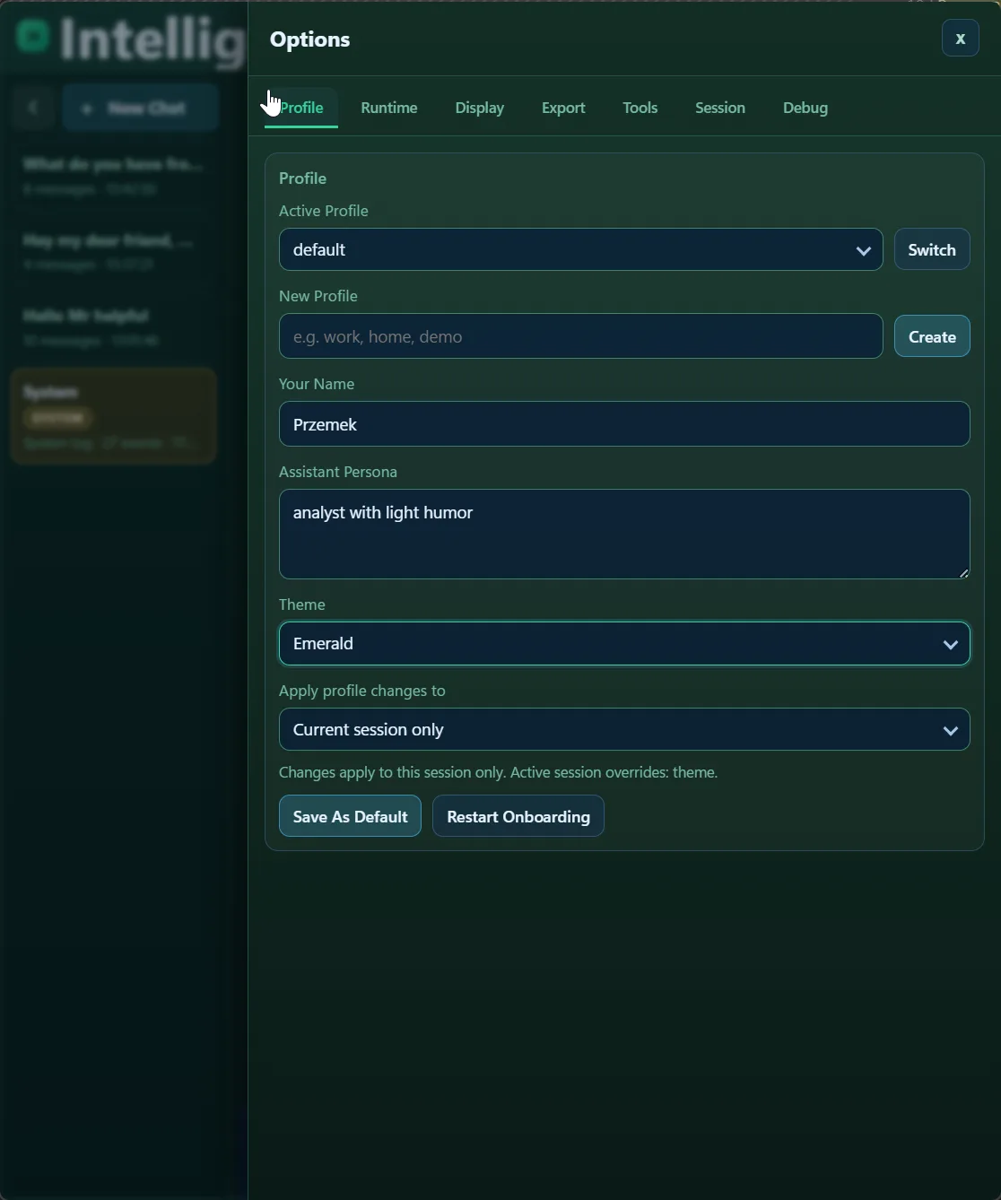 Same Profile settings view with Emerald theme applied, showing visual theme swap without changing profile structure