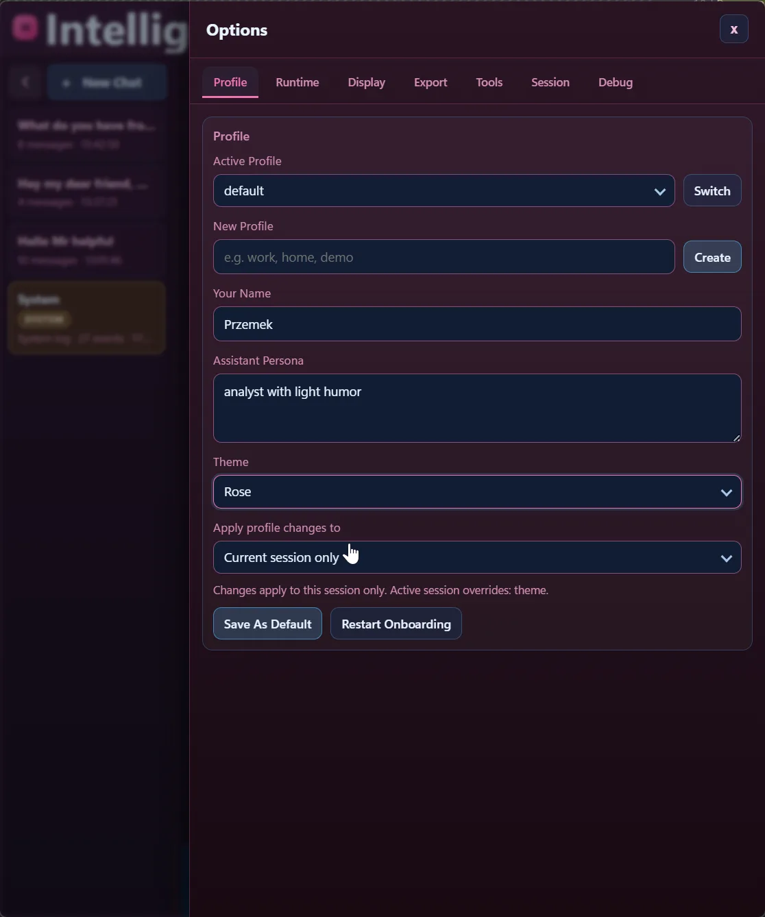 Same Profile settings view with Rose theme selected and identical persona and scope configuration fields