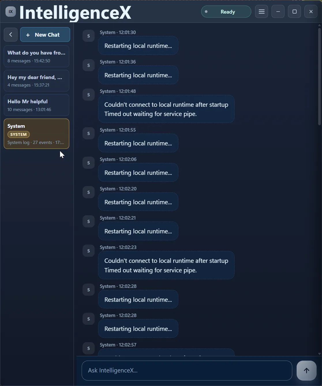 System conversation thread showing repeated local runtime restart events and service pipe connection timeout failures