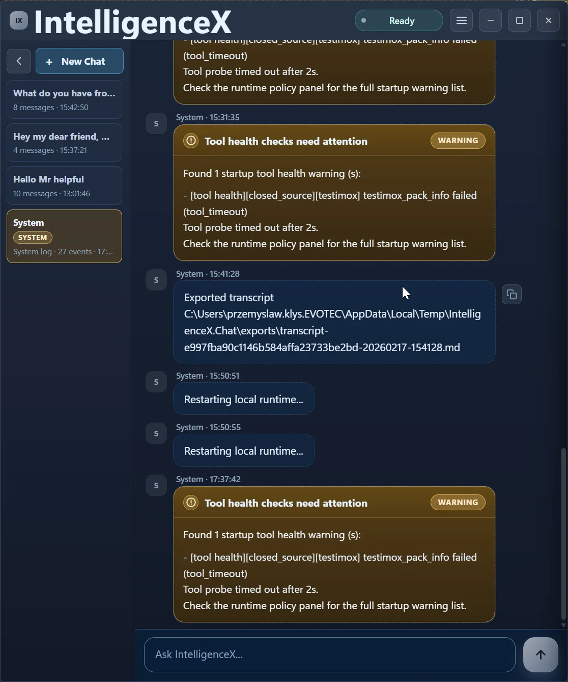 System warning cards indicating tool health timeout for testimox and an exported transcript event entry