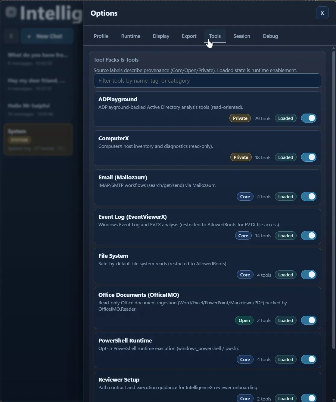 Options modal Tools tab listing tool packs with provenance labels, tool counts, loaded state, and toggles