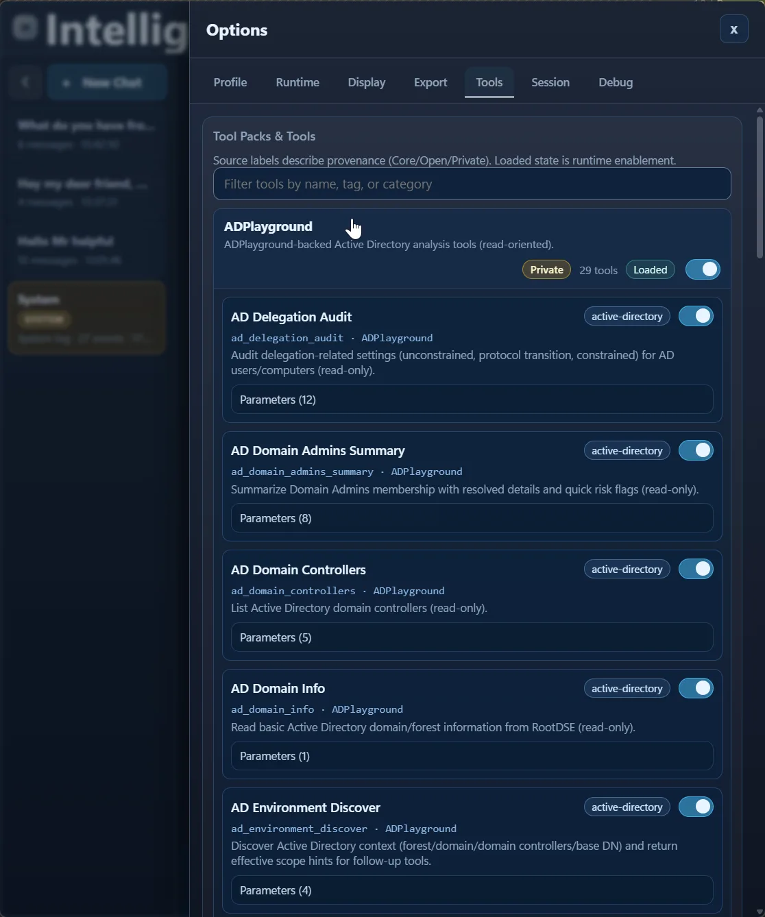 Expanded ADPlayground pack showing individual Active Directory tools, parameter counts, and per-tool enable toggles