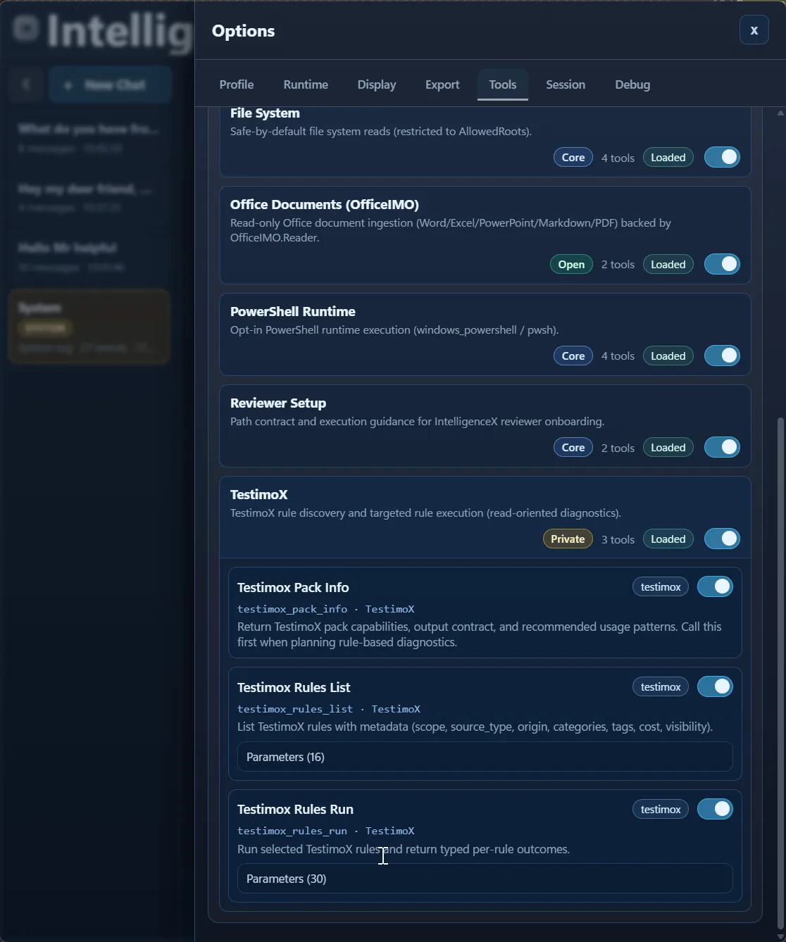 Expanded TestimoX pack displaying pack info, rules list, and rules run actions with toggle controls