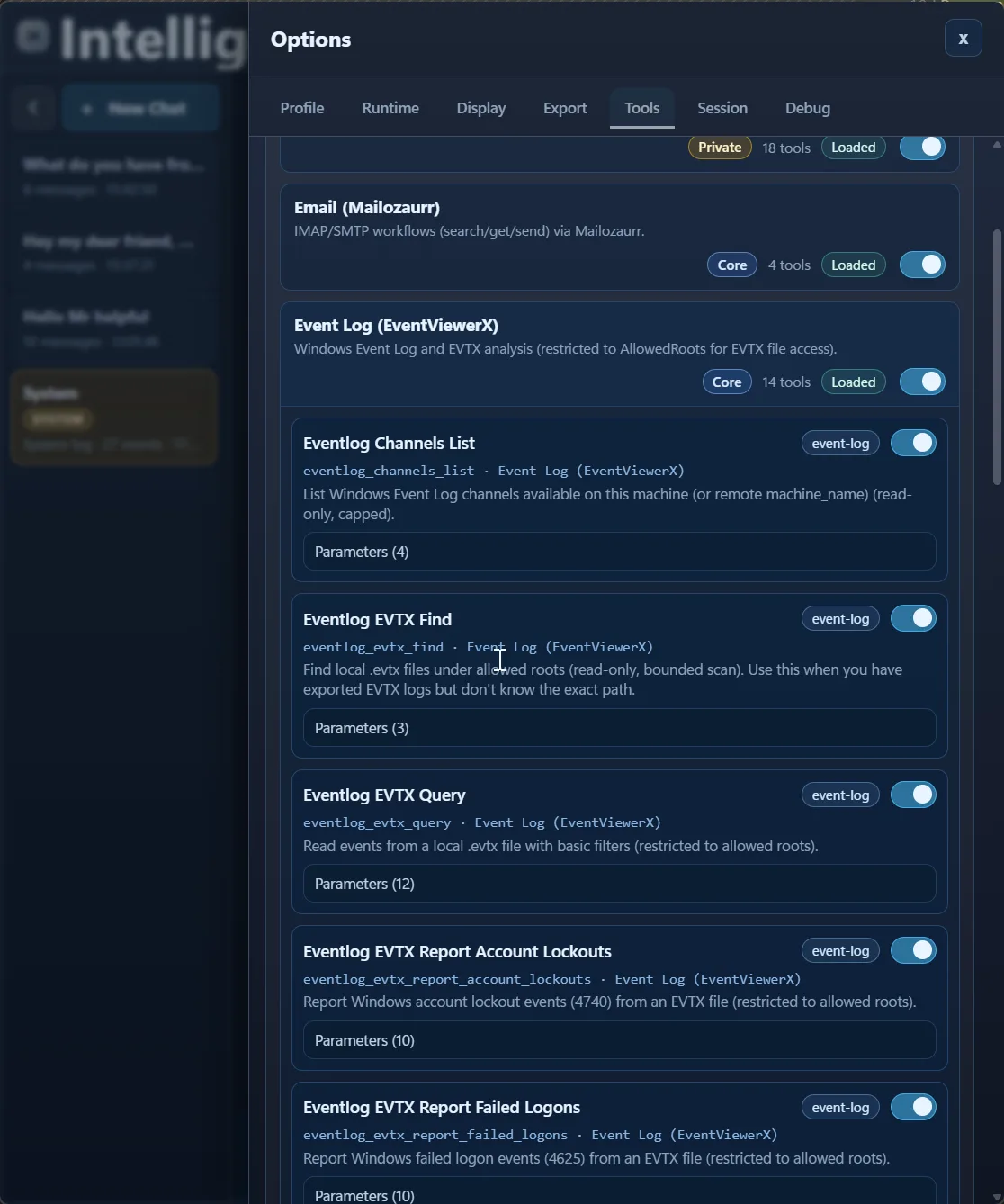 Expanded EventViewerX pack showing channel listing, EVTX query and reporting tools with parameter metadata