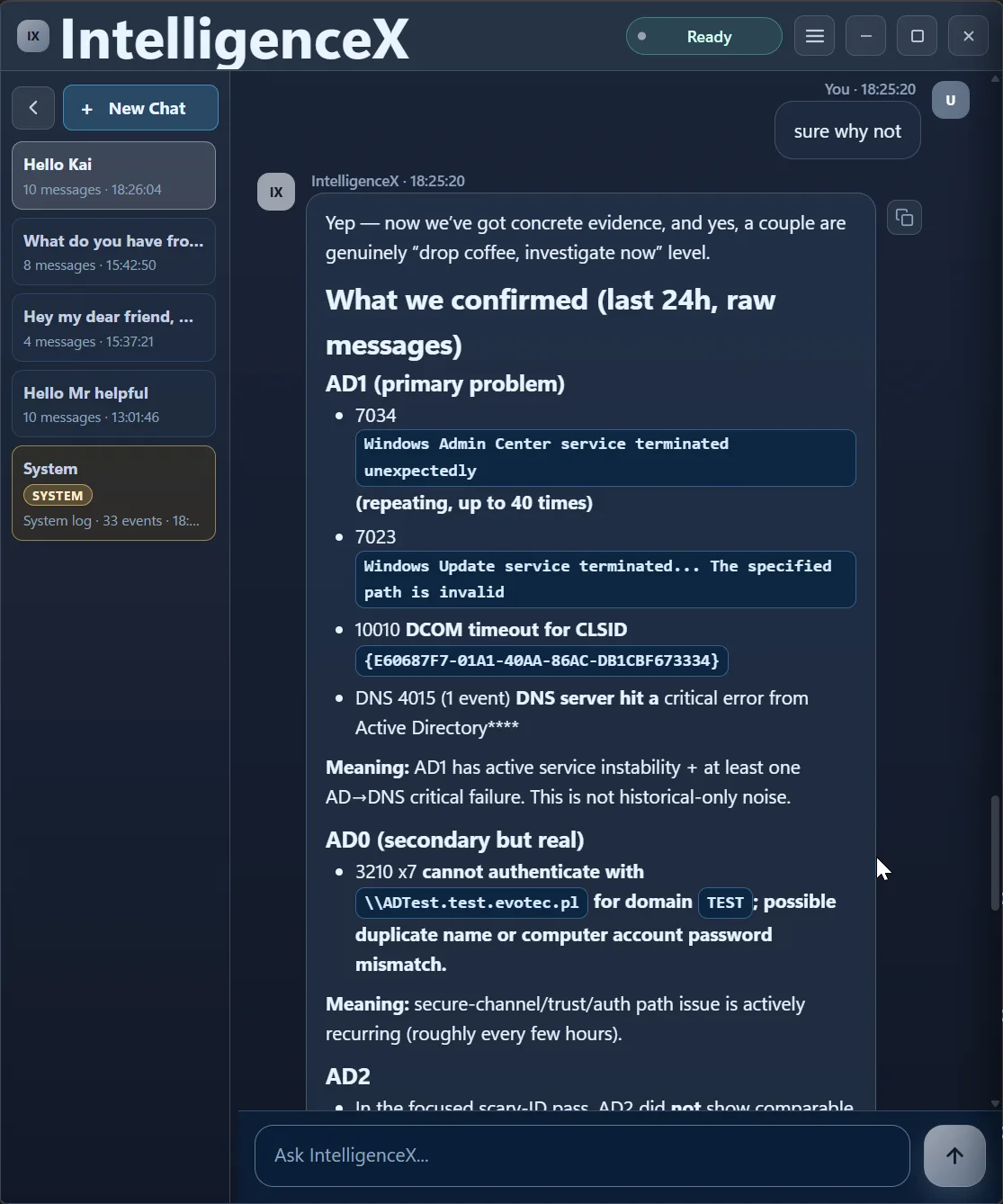 Raw-message triage confirming AD1 service failures DNS critical error and recurring AD0 NETLOGON authentication issue