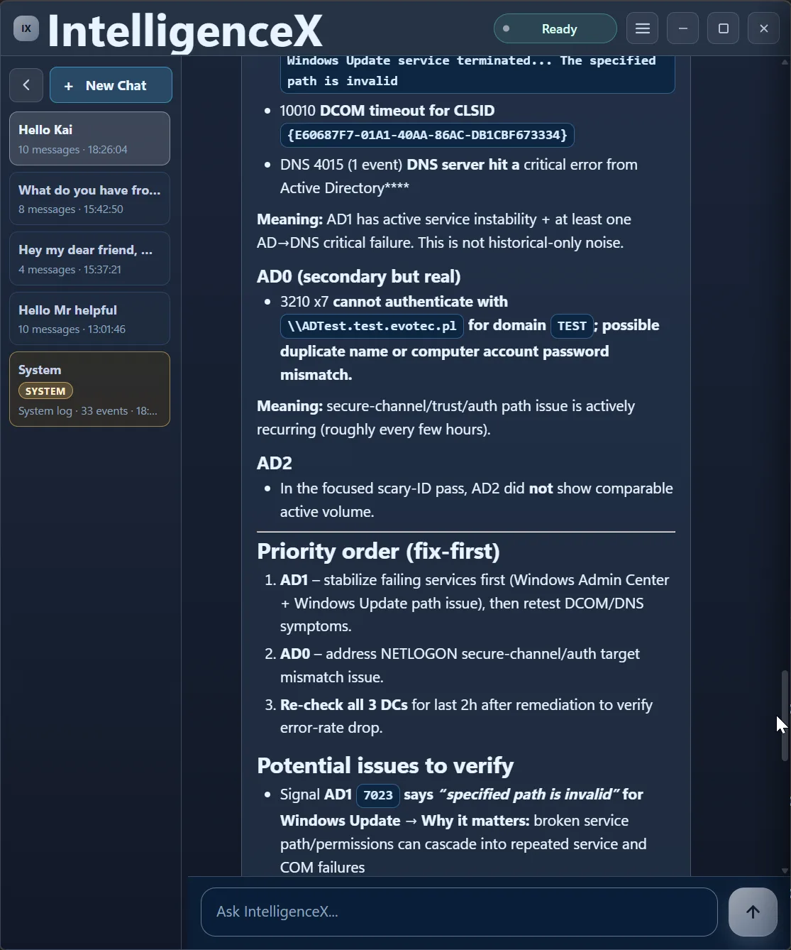 Fix-first priority order listing AD1 stabilization then AD0 NETLOGON remediation and cross-DC recheck