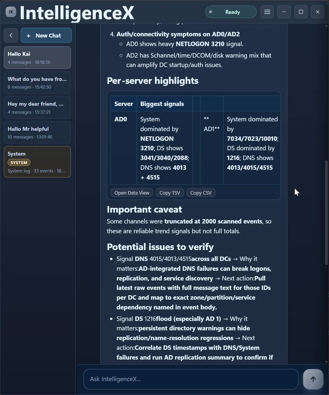 Per-server highlights section followed by caveat about truncated event channels in the first-pass summary