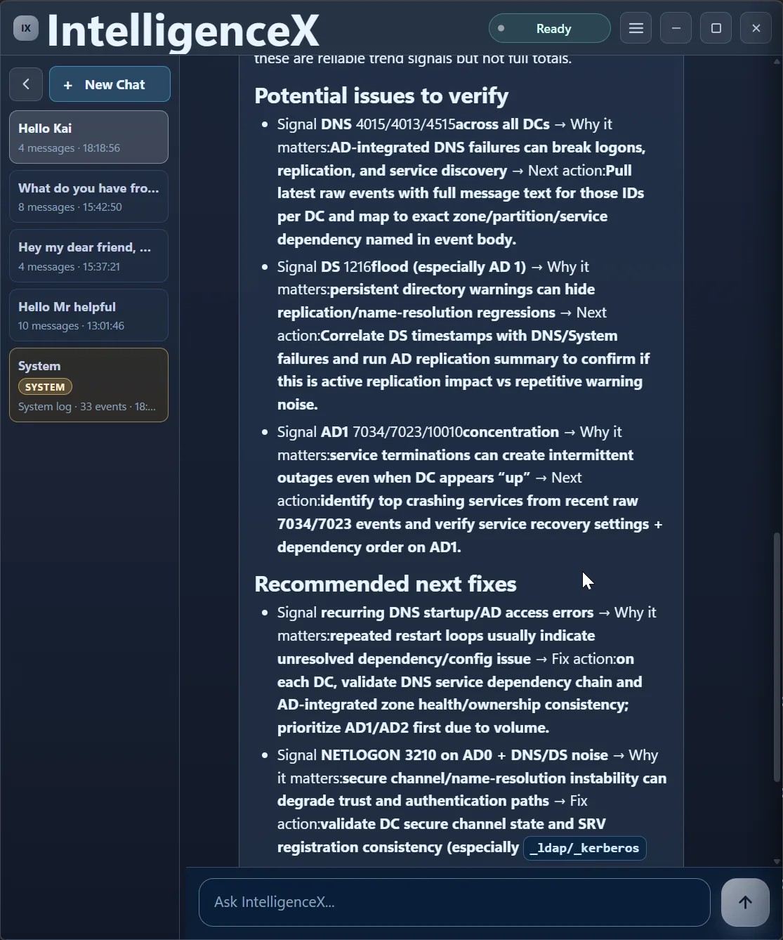 Potential issues to verify section mapping DNS and Directory Service signals to explicit investigation steps