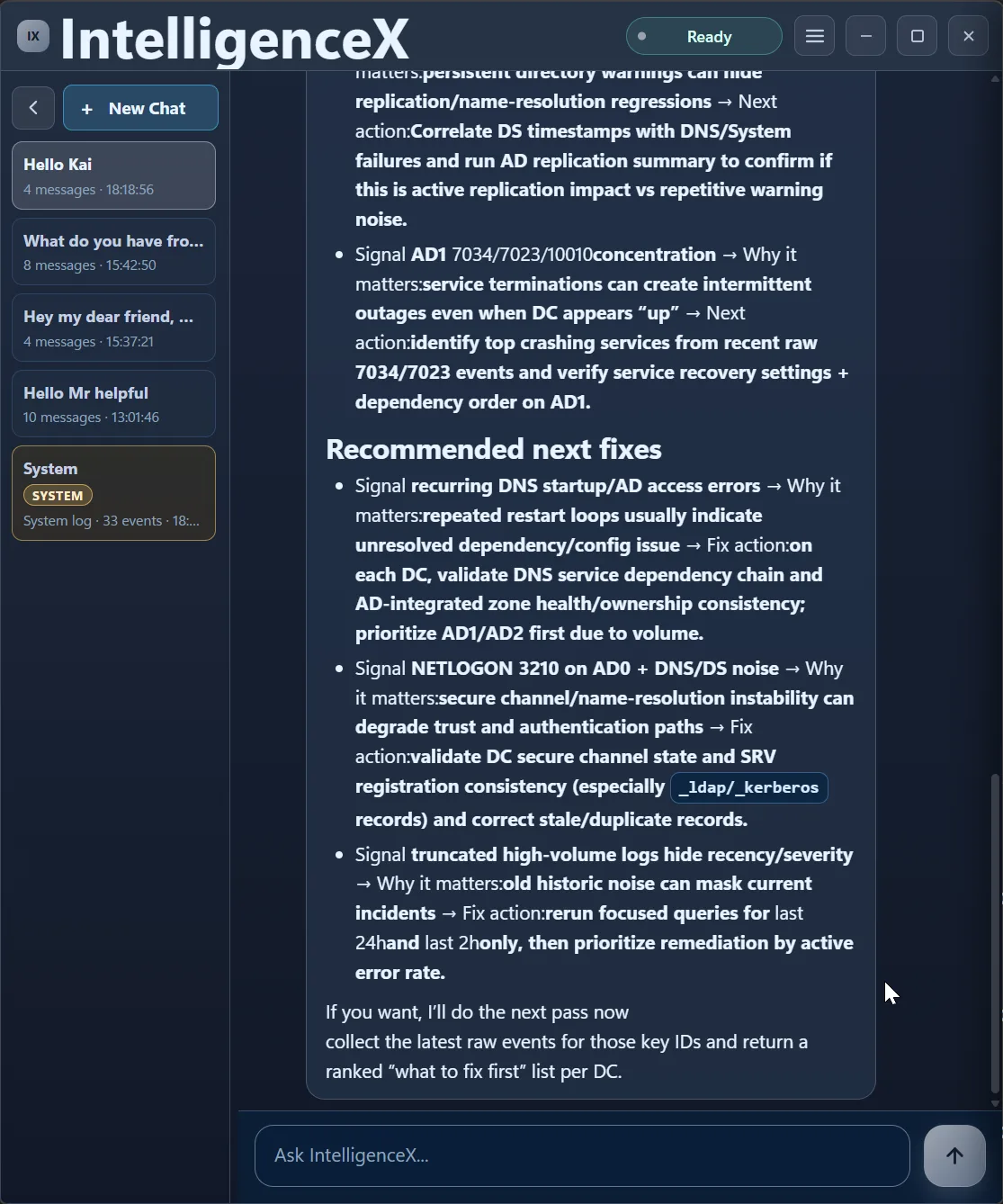 Recommended next fixes from the first pass prioritizing DNS dependency checks and NETLOGON validation