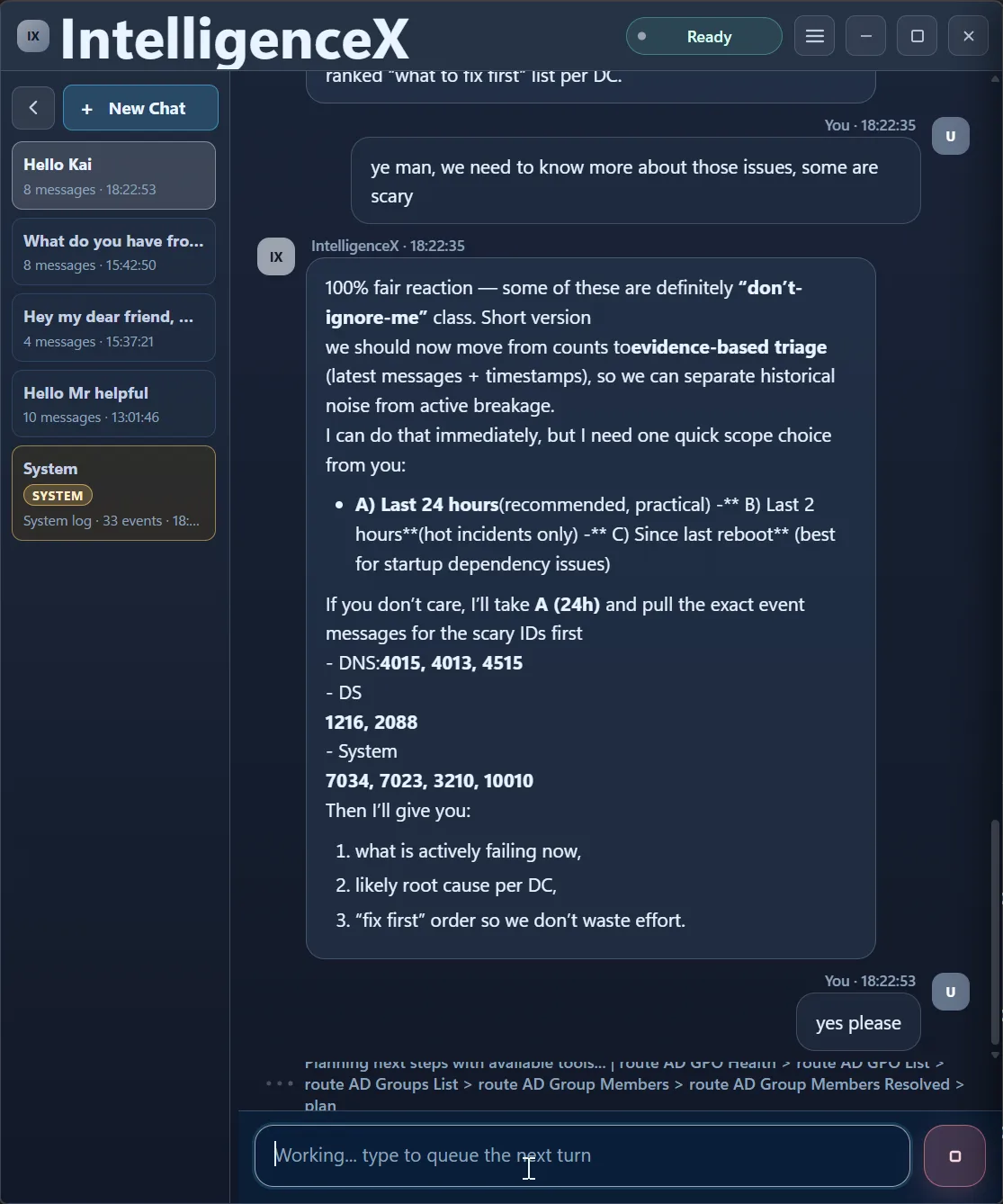 Assistant asks for scope selection between last 24 hours last 2 hours or since reboot for evidence triage