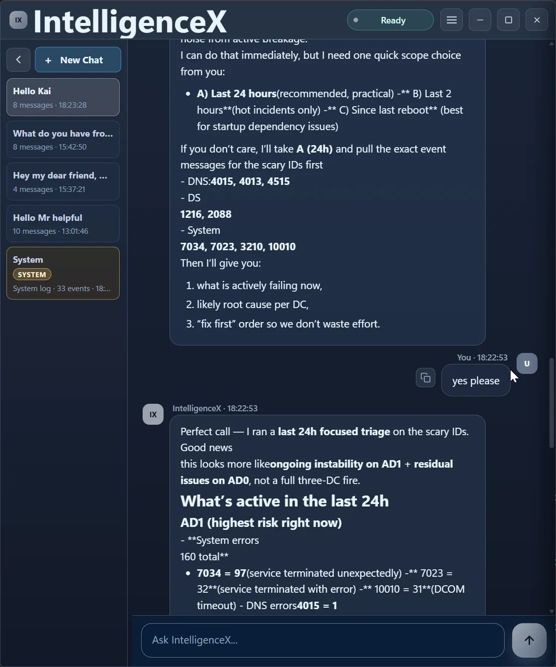 User confirms 24-hour scope and assistant starts focused triage with active instability framing