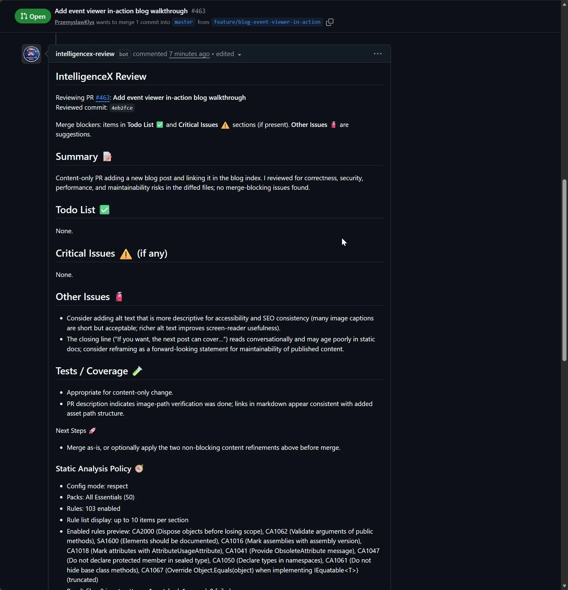 IntelligenceX Review comment on a content-only PR with structured sections for summary todo critical issues other issues and tests