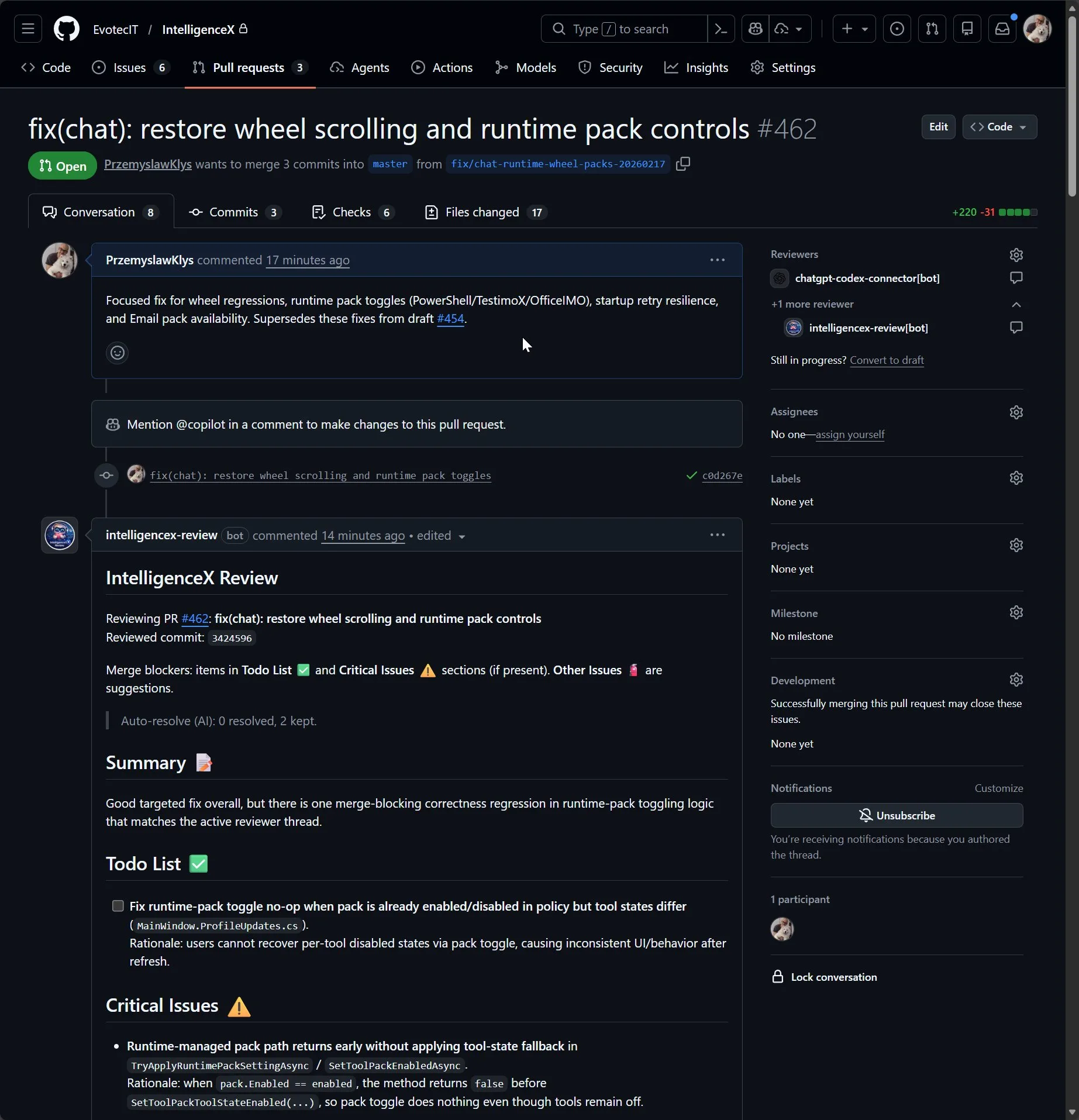 IntelligenceX Review on a runtime PR showing merge-blocking todo and critical issues tied to behavior regression risk