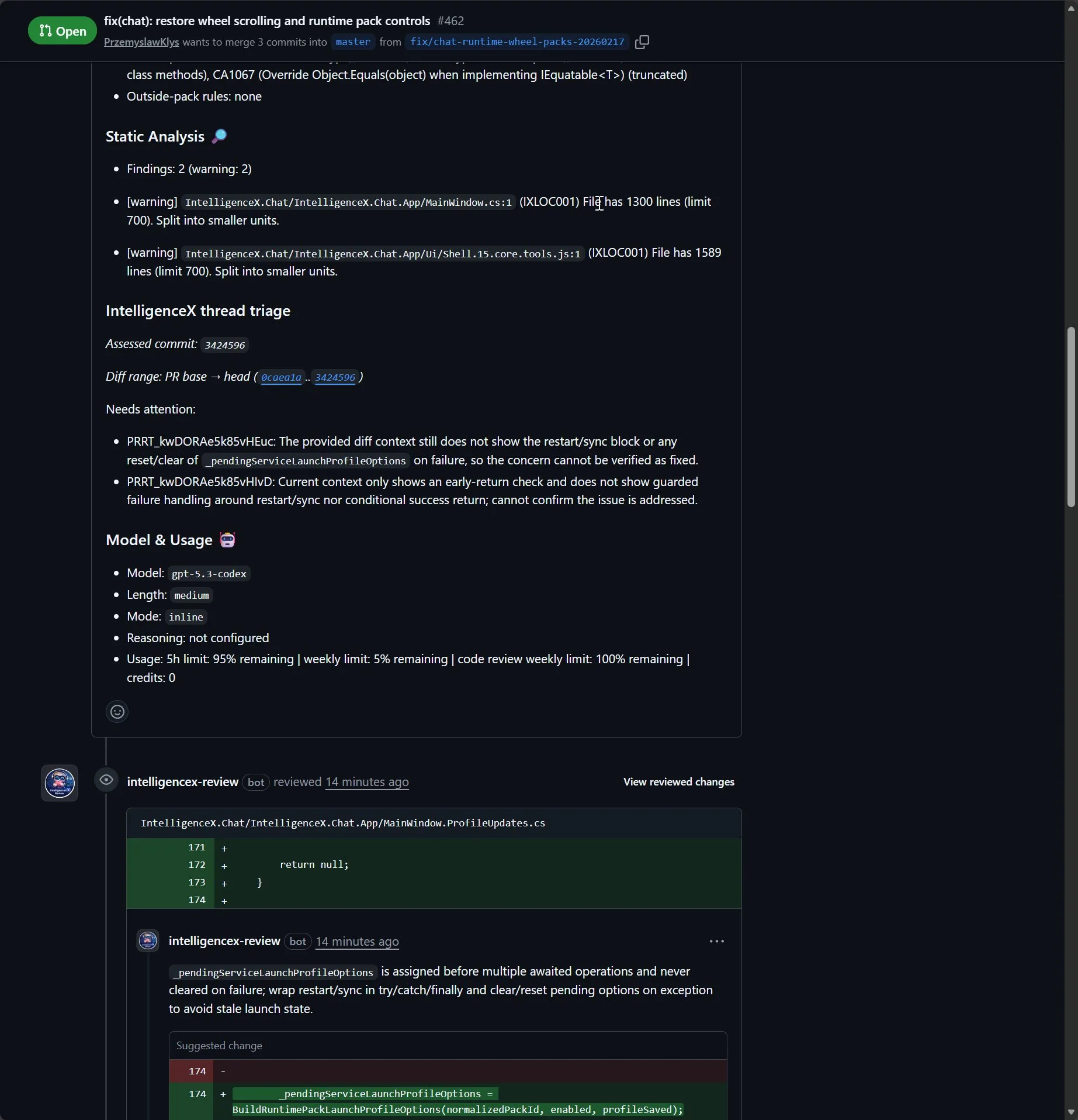 Review detail block showing diff range thread triage needs-attention list and model usage metadata including gpt-5.3-codex