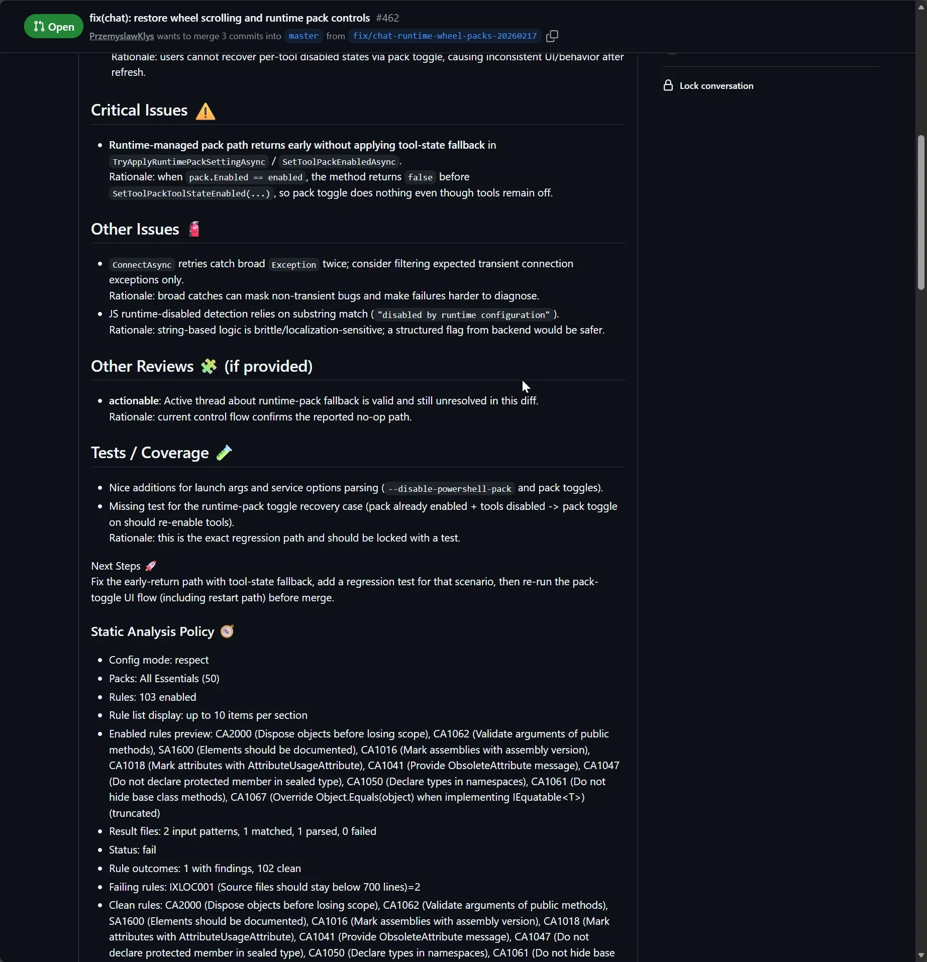 Inline review thread showing suggested code change and follow-up triage comment that checks whether the required implementation evidence is present