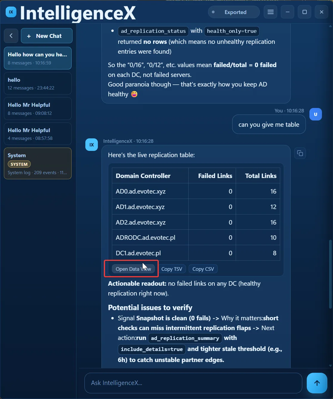 Chat transcript showing replication table and Open Data View action