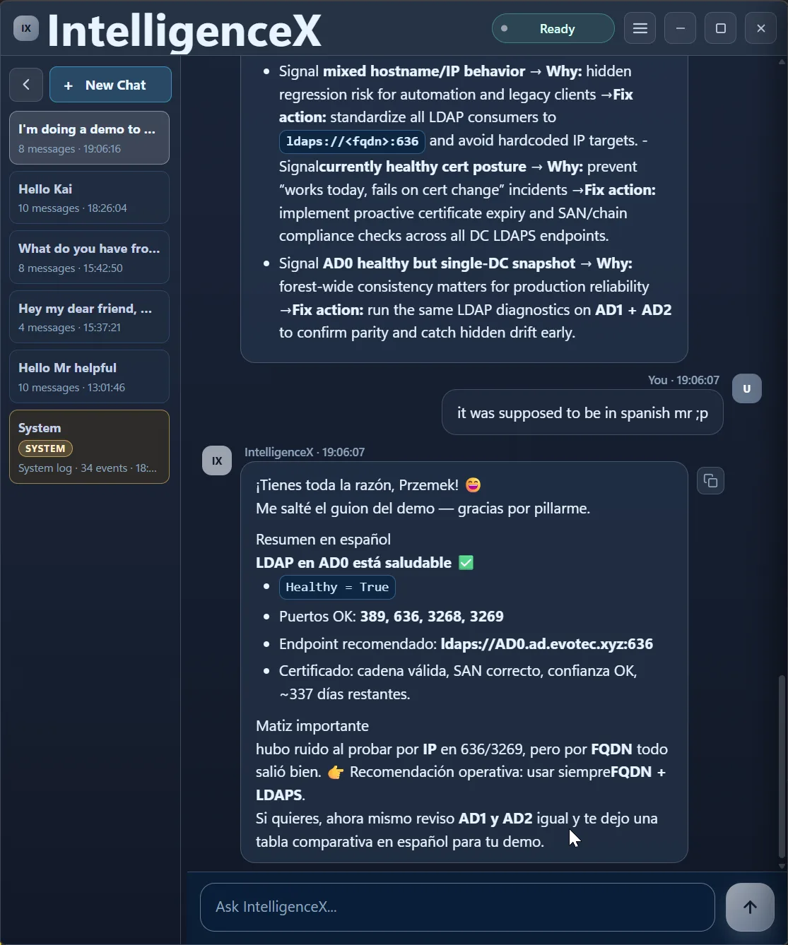 User corrects expected language to Spanish and IntelligenceX immediately responds in Spanish with LDAP findings and recommendation