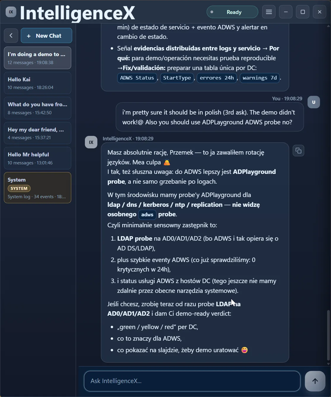 User requests the third response in Polish and IntelligenceX switches to Polish while preserving ADWS and LDAP diagnostic context