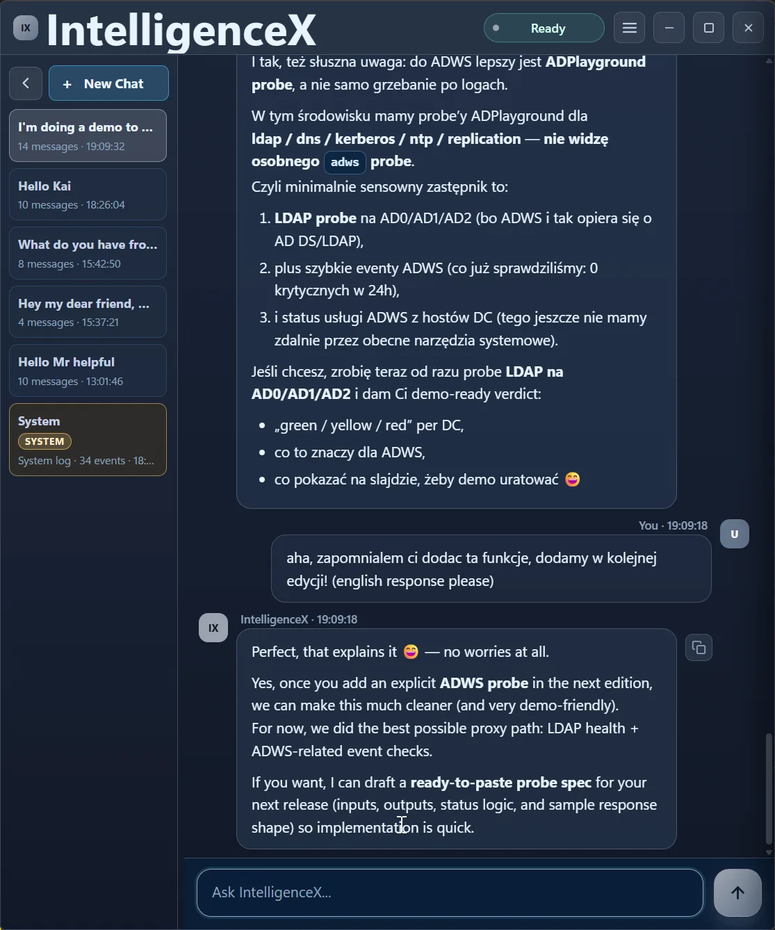Conversation shifts back to English and IntelligenceX responds in English while continuing the same remediation guidance